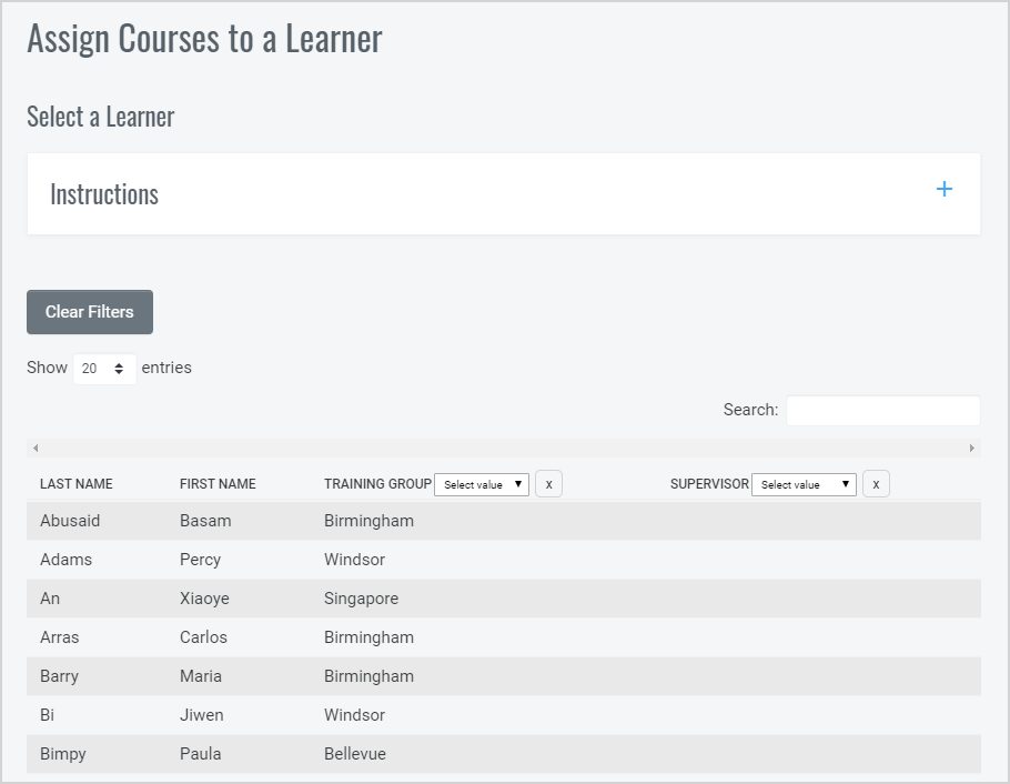 QualityTrainingPortal Admin Assign Courses-to Learner Select Learner