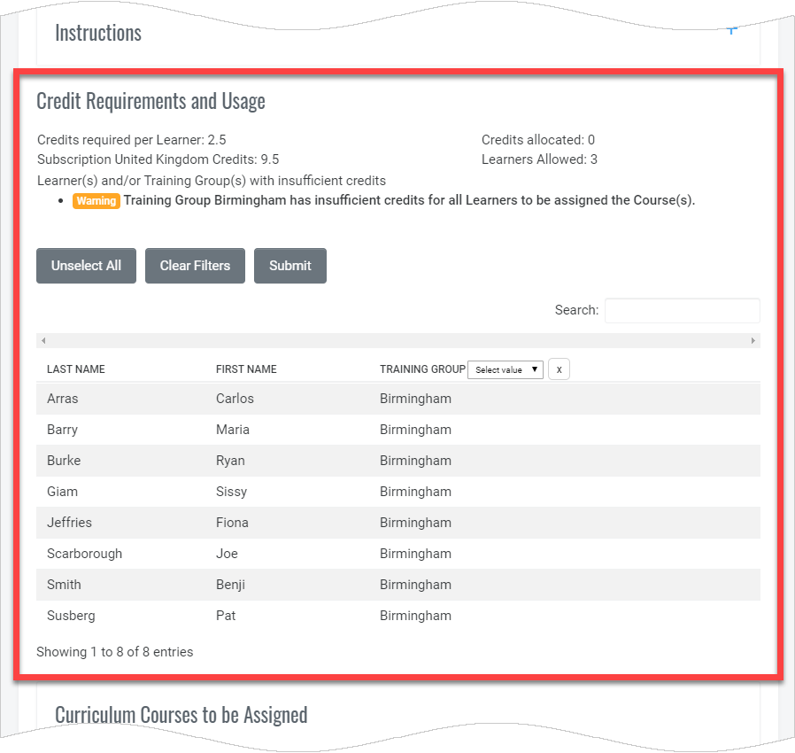 QualityTrainingPortal Admin Assign Curriculum Middle