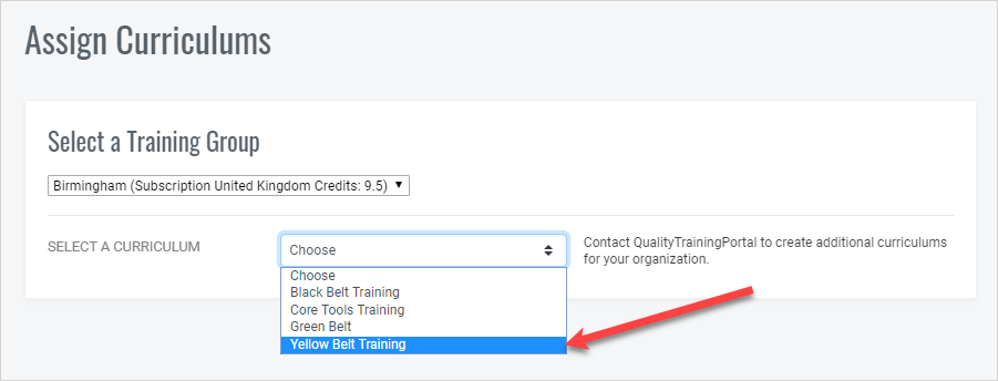 QualityTrainingPortal Admin Assign Curriculum Select Curriculum