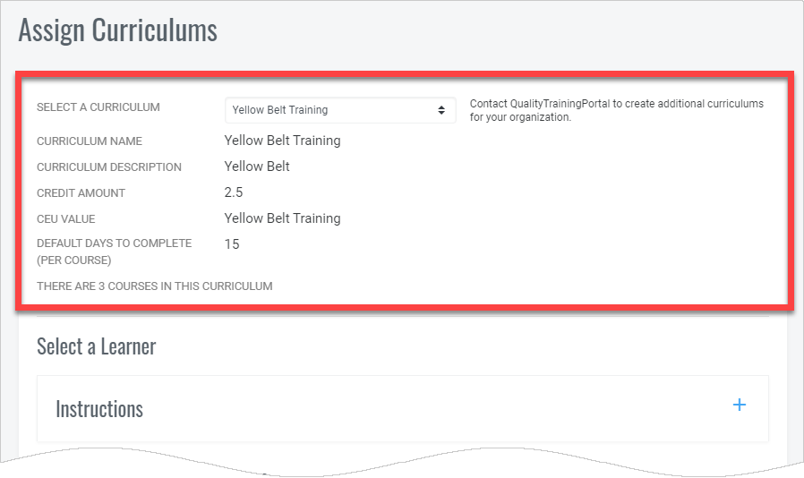 QualityTrainingPortal Admin Assign Curriculum Top