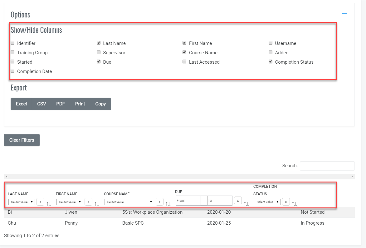 QualityTrainingPortal Admin Course Activity Report Options-2