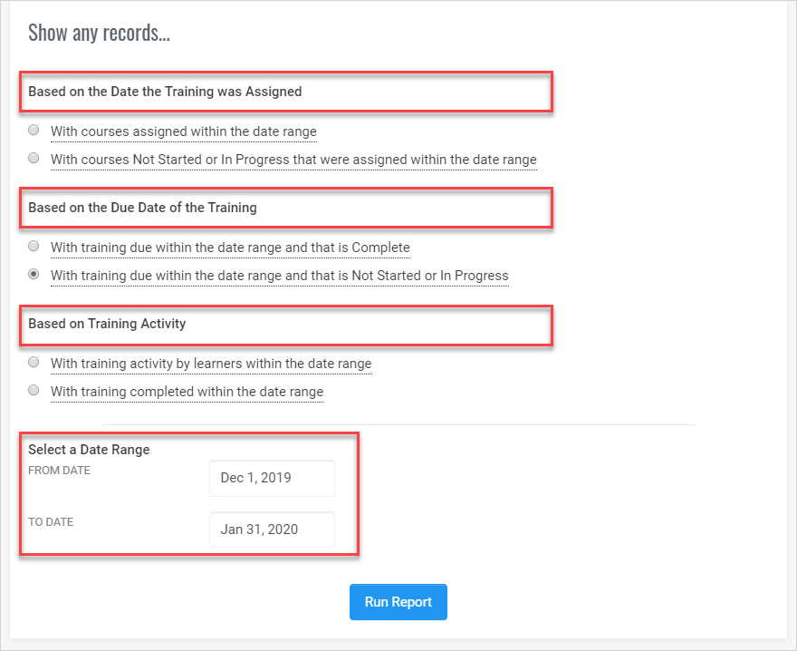 QualityTrainingPortal Admin Course Activity Report Selections