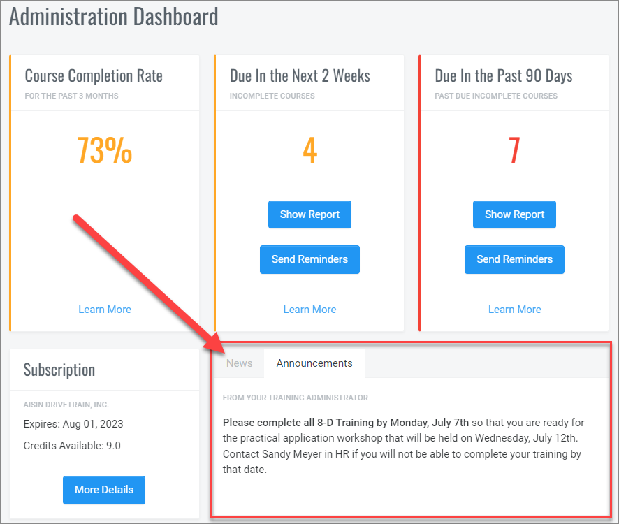 QualityTrainingPortal Admin Dashboard Announcements