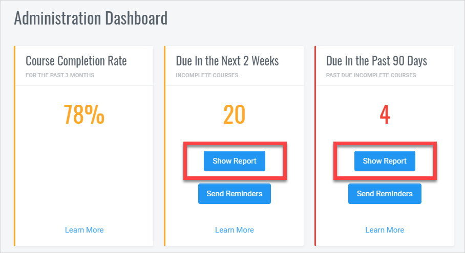 QualityTrainingPortal Admin Dashboard Show Report Buttons