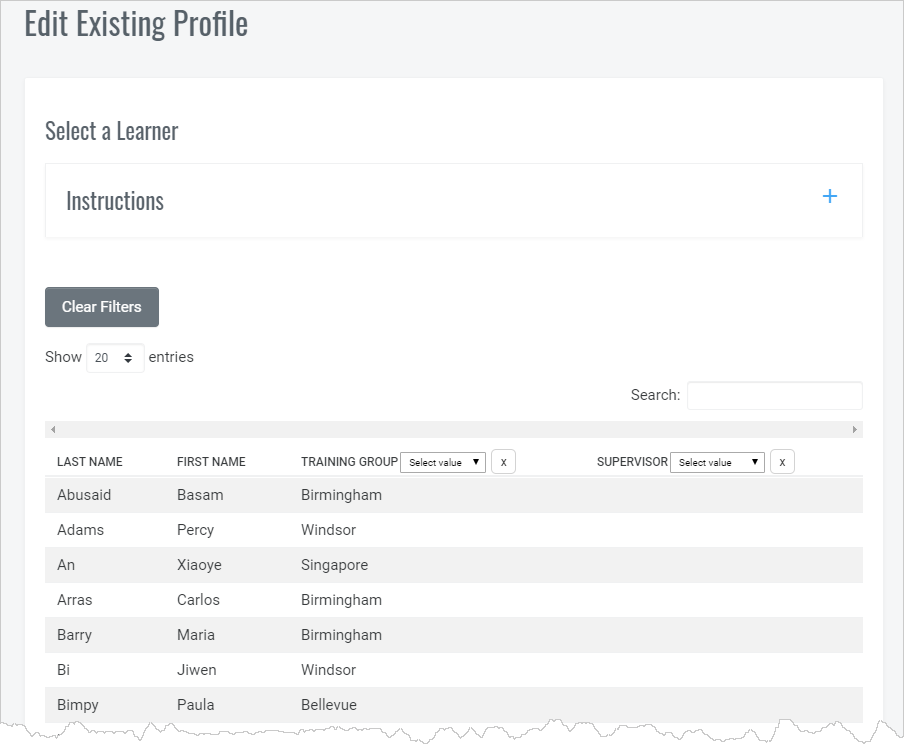 QualityTrainingPortal Admin Edit User Profile Learner Selection