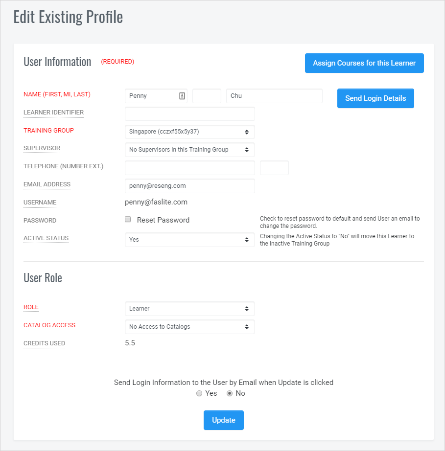QualityTrainingPortal Admin Edit User Profile