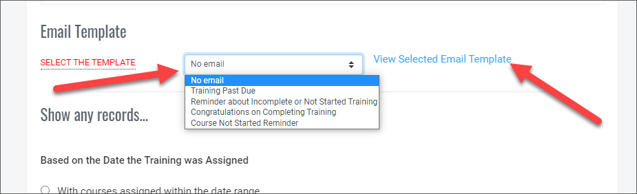 QualityTrainingPortal Admin Email Reminder Select Template