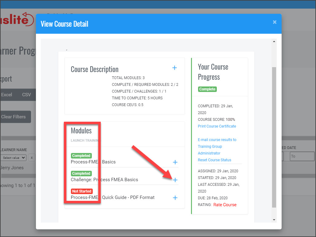 QualityTrainingPortal Admin Learner Progress Report Course Details