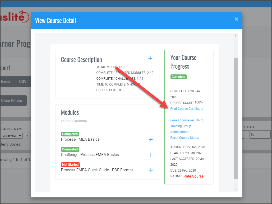 QualityTrainingPortal Admin Learner Progress Report Print Certificate