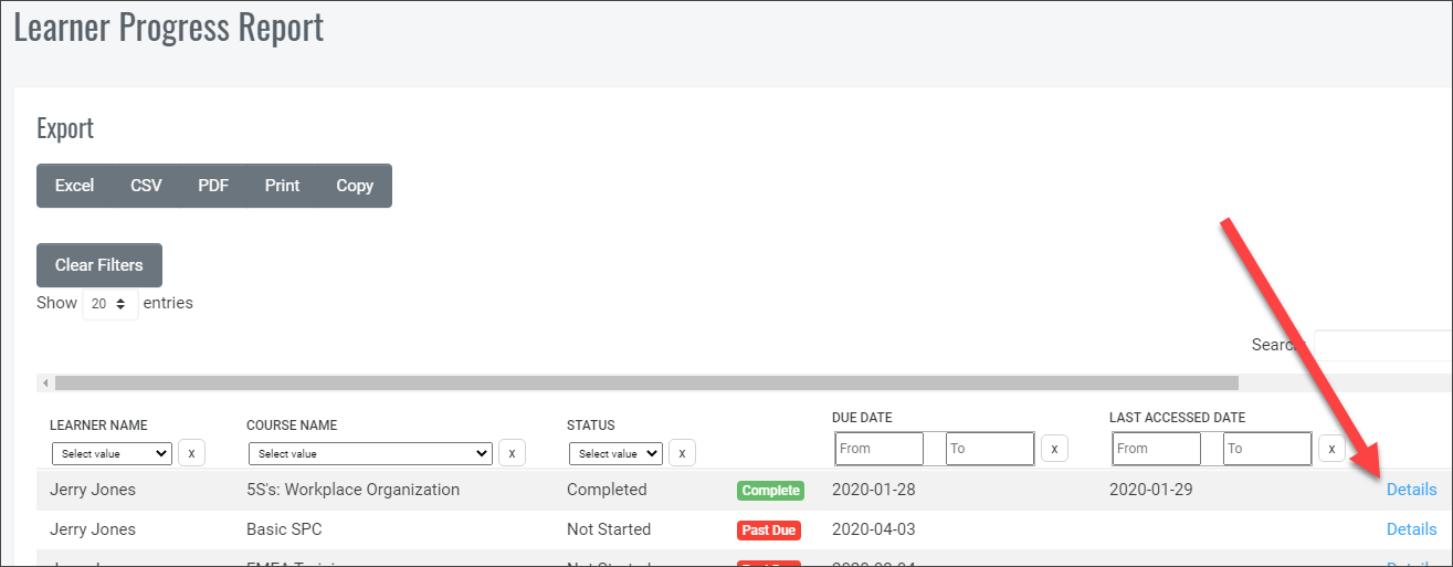 QualityTrainingPortal Admin Learner Progress Report Select Details