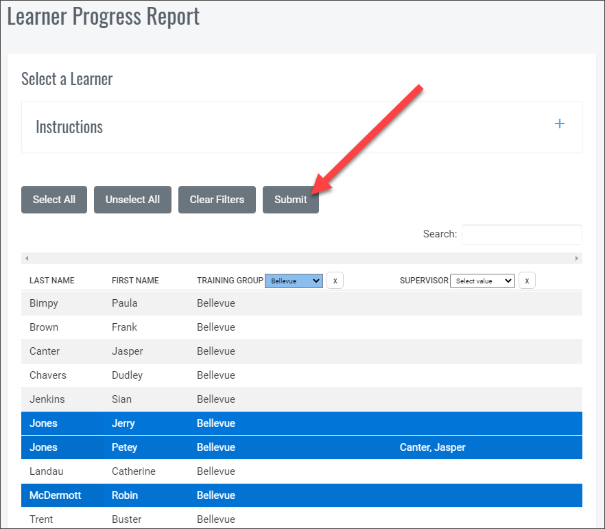 QualityTrainingPortal Admin Learner Progress Report Select