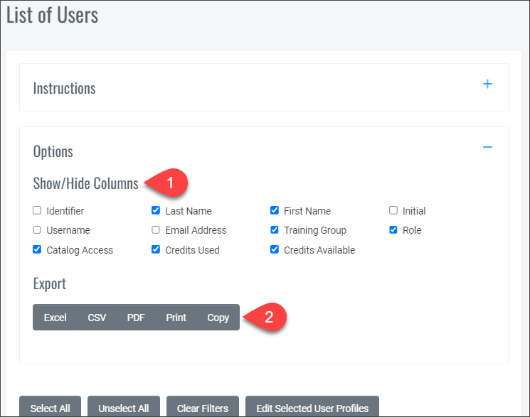 QualityTrainingPortal Admin List of Users Report Options