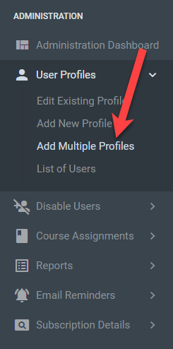 Admin menu selection to add multiple profiles in QualityTrainingPortal