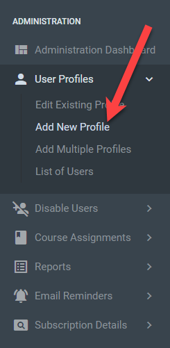 Admin menu item to add new user profile in QualityTrainingPortal