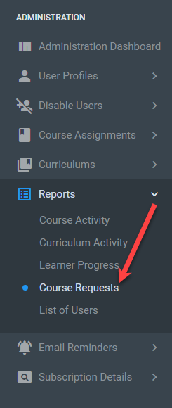 QualityTrainingPortal Admin Menu Course Requests