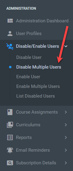 QualityTrainingPortal Admin Menu Disable Multiple Users