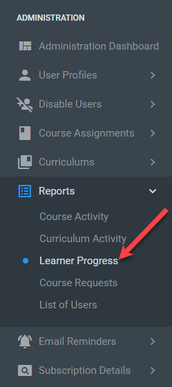 QualityTrainingPortal Admin Menu Learner Progress Report