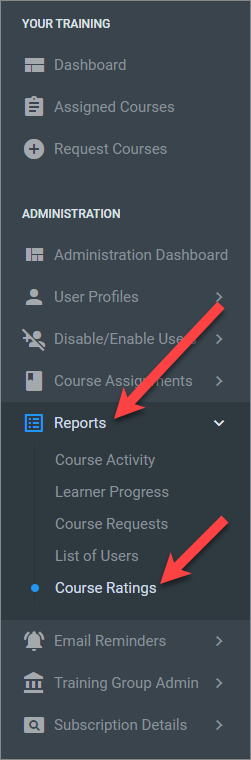 QualityTrainingPortal course rating report menu item.