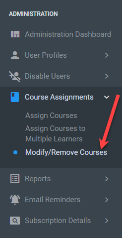 QualityTrainingPortal Admin Menu Remove Courses