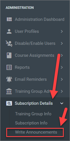 QualityTrainingPortal Admin Menu Writing Announcements-1