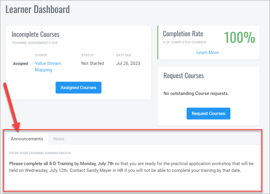 QualityTrainingPortal Admin Menu Writing Announcements Display-in-Learner Dashboard