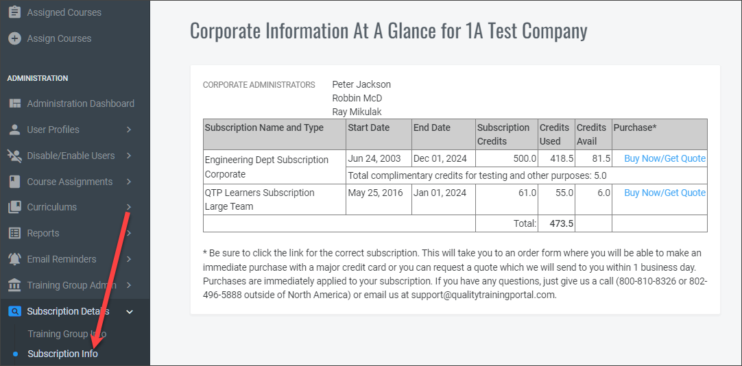 QualityTrainingPortal Admin Subscription Info Report