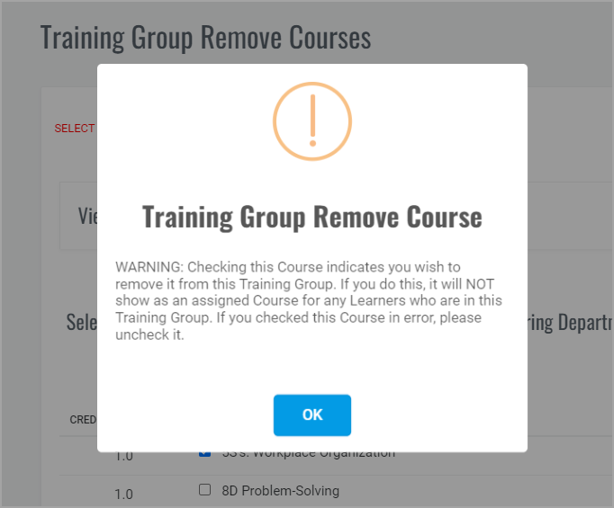 QualityTrainingPortal Admin Training Group Admin Remove Course Warning