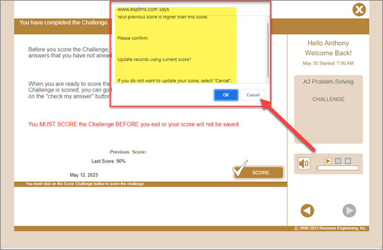 QualityTrainingPortal overwriting the challenge score 2