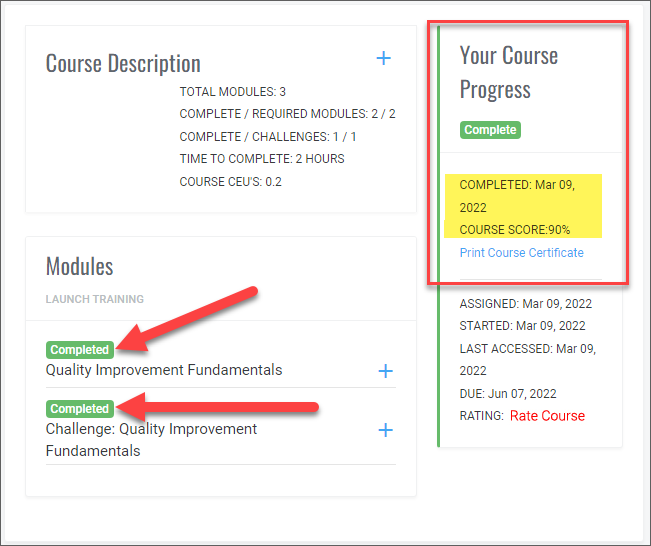 QualityTrainingPortal Learner Course Completed