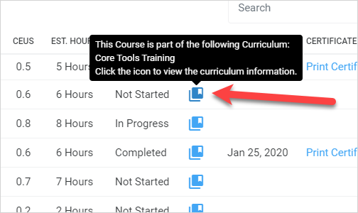 QualityTrainingPortal Learner Curriculum Tooltip