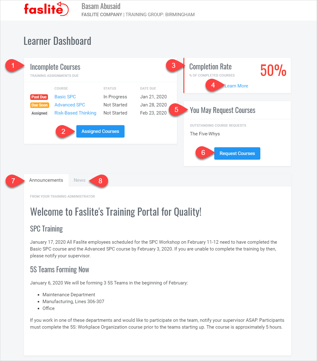 QualityTrainingPortal learner dashboard