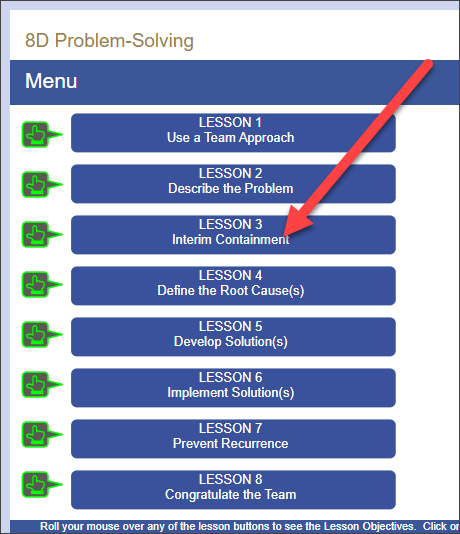 QualityTrainingPortal Learner Lesson Menu