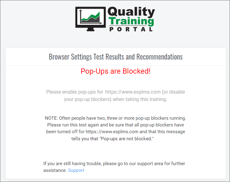 QualityTrainingPortal Pop-Up blocker test results