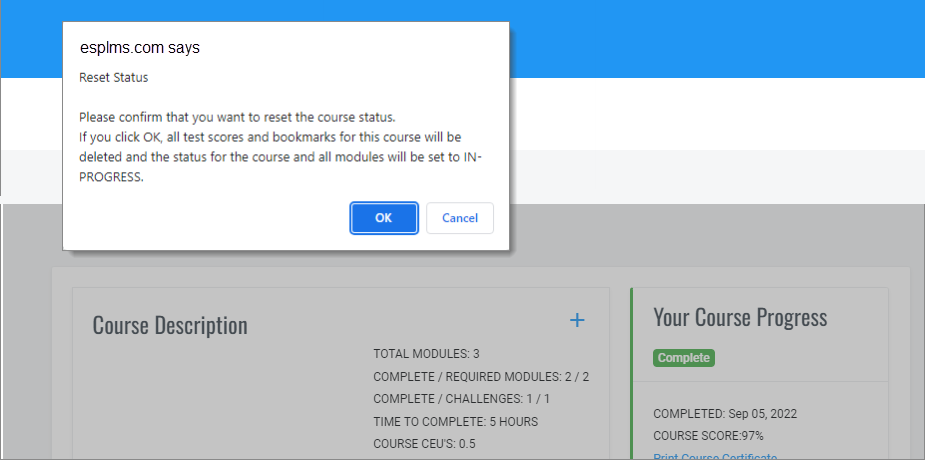 QualityTrainingPortal Course Reset Confirmation