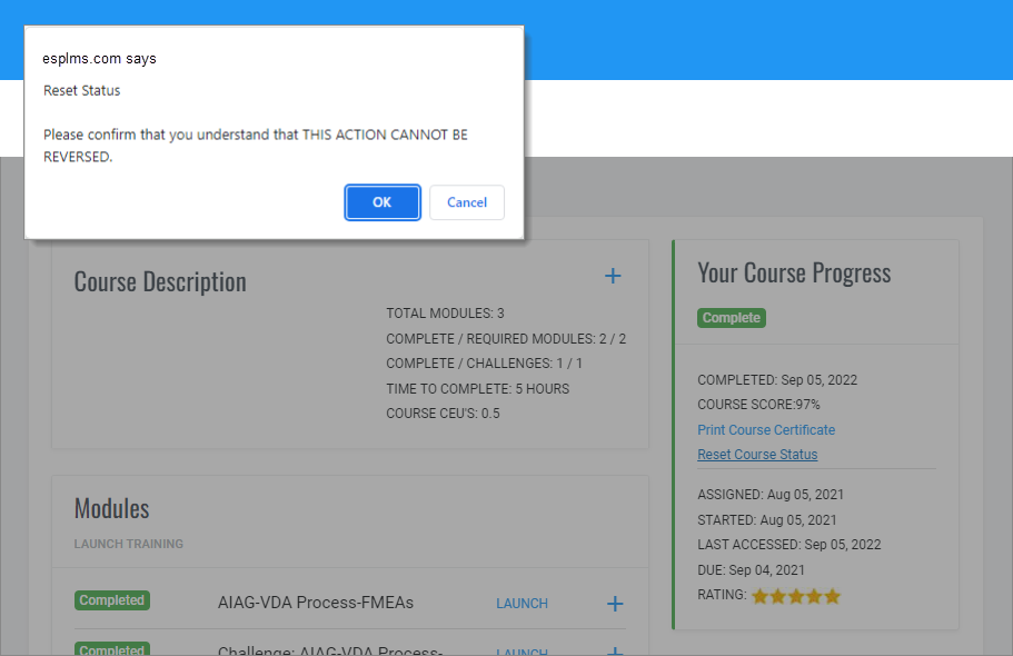 QualityTrainingPortal Course Reset Confirmation 2