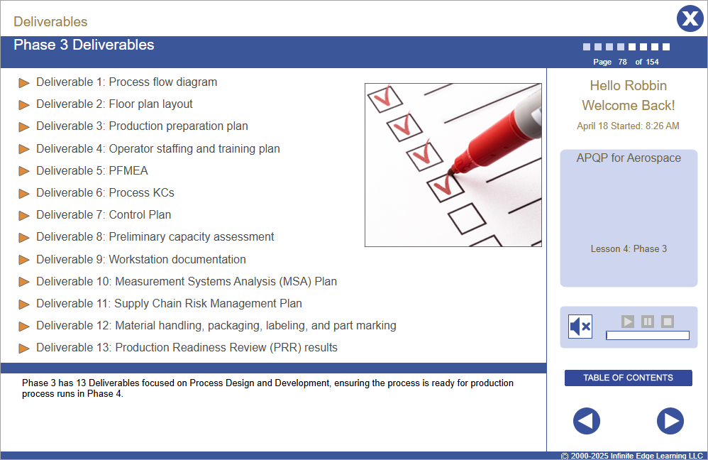 APQP for Aerospace Online Training Screenshot of Course